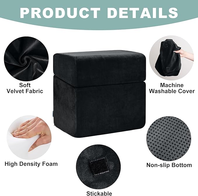 3 Adjustable Heights Foot Rest for Under Desk at Work - Ergonomic High Density Foam Footrest with Washable Cover, Foot Stools for Office, Home, Gaming (Black)