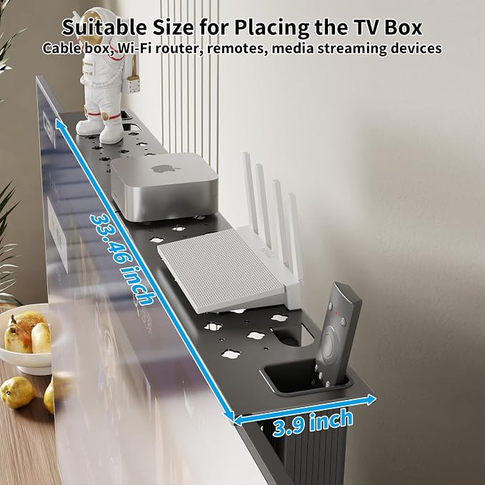 33.46 inch TV/PC Top Shelf Mount for Routers with 2 Storage Boxes | Adjustable Monitor Top Shelf Wide Platform Screen Storage Bracket, TV Mounted Shelf for Cable Boxes, Remote, Games Consoles