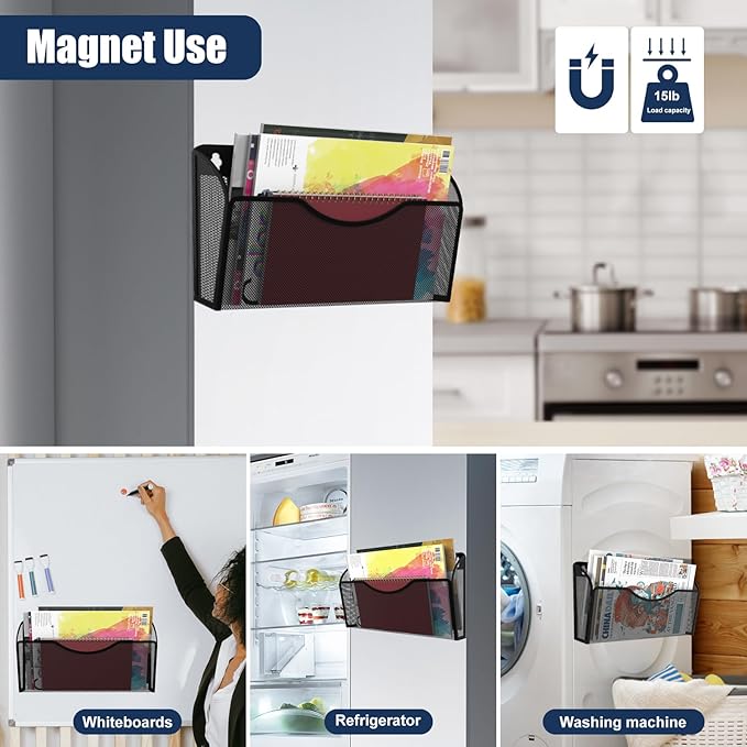 Magnetic File Holder 4 Pockets File Folder Organizer, Office Hanging Magazine Rack for File Cabinets, Magnetic Paper Holder, No Drilling Mail Organizer for Refrigerator, Office