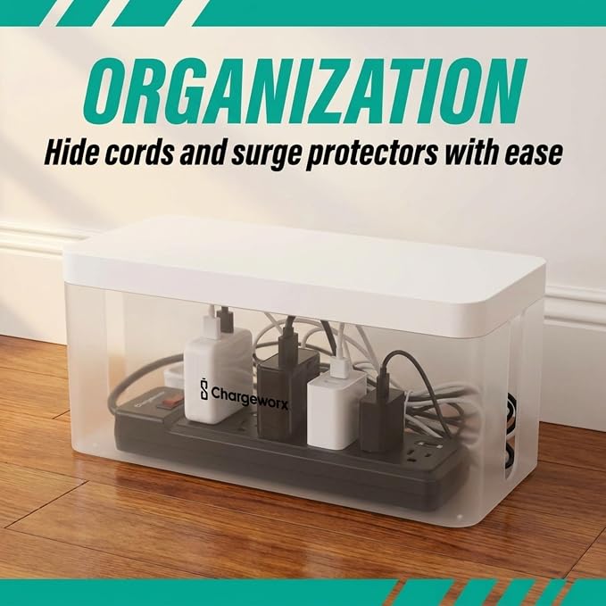 Cable Management Box, Extension Cord Hider, Power Strip Box, White, 2 Pack | Wire Organizers for Cords, Floor Cable Concealer, Heat Resistant, Vented, Cord Hider Box, Power Strip Cover Box