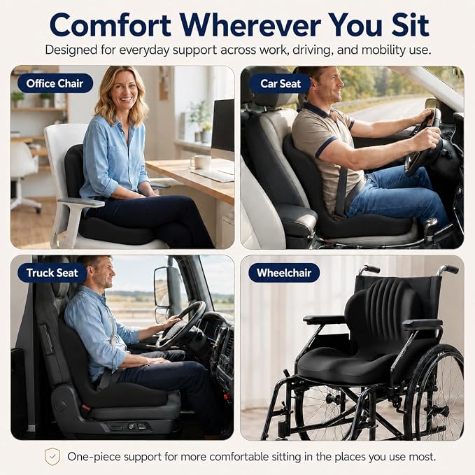 Car Seat Cushion with Lumbar Support, One-Piece L-Shaped Memory Foam | Ergonomic design with coccyx cutout, hip-to-thigh support and anti-slip base for long drives, office chairs and wheelchairs.