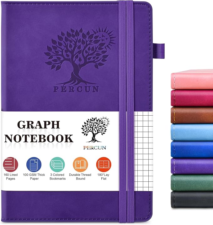 PERCUN A5 Hardcover Graph Paper Notebook, 5.9”x8.5” Leather Journal for Women & Men, 160 Pages Grid Paper Composition Notebook for Work, School, Math, Quad Ruled Writing Journals,Graphing (Purple)
