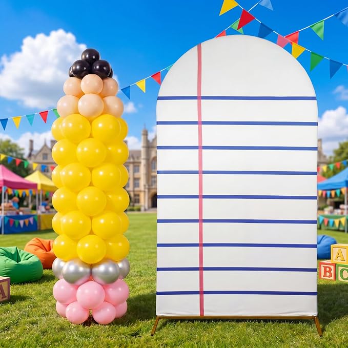 SmoothNovelty 193 Pcs Back to School Arch Backdrop Cover, 7.2 ft Notebook Arch Cover and Pencil Balloons Stand Kit Welcome Back Background Party Supplies Decor for First Day of School Kindergarten