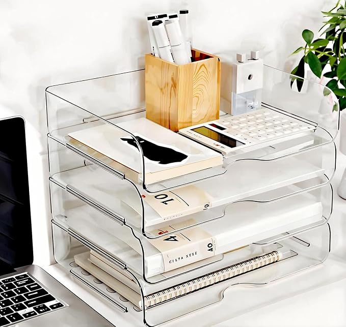 DCA 4 Tier Large Capacity Desk Organizer, Clear Stackable Paper Tray | High-Volume File Storage | Office, Home & School Use | Easy Assemble | Letter & A4 Compatible