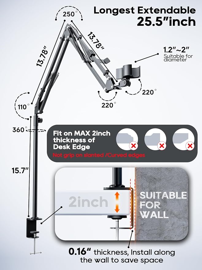 CACENCAN Boom Arm, 360° Rotatable Microphone Stand with Desk Mount, Foldable Desk Mic Arm with 3/8'' to 5/8'' Screw Adapter, Microphone Arm for Live Streaming, Gaming, Podcasting