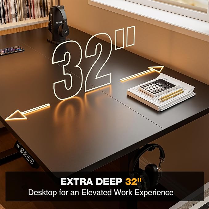 Grandder 47x32 Large Electric Standing Desk, Height Adjustable Computer Desk with 2 Memory Presets, 31.5" Deep Desktop Sit Stand Desk Home Office Desk Workstation Table with Hooks, Black