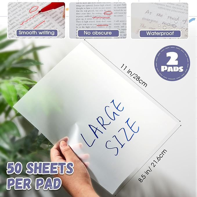 Gueevin 2 Pads 100 Sheets 8.5 x 11 Inch Transparent Sticky Notes, Extra Large Clear Self Sticky Notes, Waterproof Jumbo Translucent Paper, Office Supply