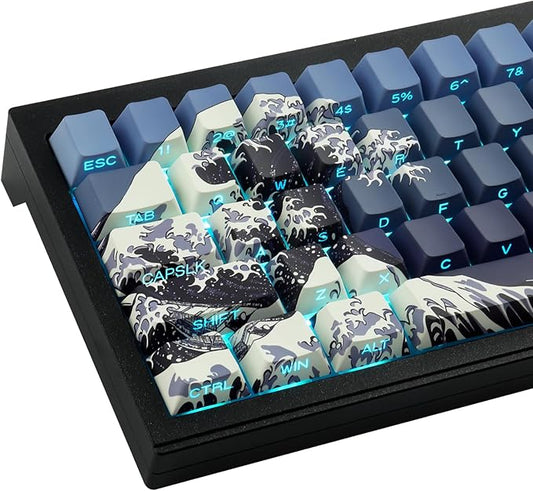 PBT Key caps Custom Cool Wave of Kanagawa Dark Blue Keycaps Keyboard | Tsungup Keycaps 75 Percent,131 Keys Dye Sub Side Print Shine Through Keycap Set,Cherry Key Caps for Mechanical Keyboard