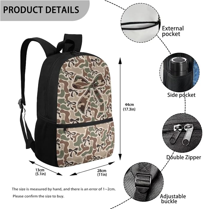 WELLFLYHOM 17 Inch Camo Bow School Backpack Set for Girls 5-8, 4 in 1 Set | Khaki Book Bag with Lunch Box Pencil Pen Case Water Bottle Sleeve for Primary School Students
