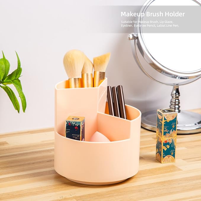 Desk Pencil Pen Holder, 3 Slots 360-Degree Spinning Organizers, Desktop Storage Stationery Supplies, Cute Cup Pot for Office, School, Art Supply, Kids - Pink