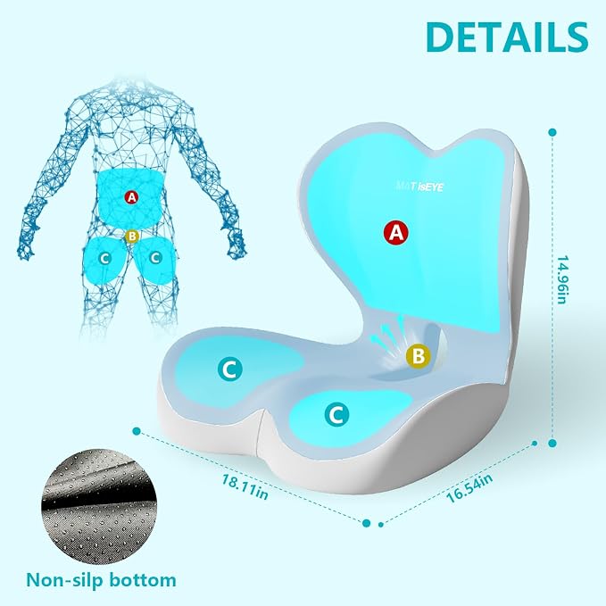 Ergonomic Memory Foam Seat Cushion with Strap for Office Chair, Blue Grey | Contoured coccyx cutout supports back and butt, with a non-slip base and washable cover for office chairs and cars.