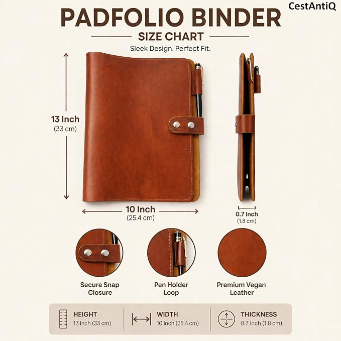 Premium Leather 3-Ring Binder Portfolio, 8.5x11 Inch Letter Size Organizer Folder, Refillable 3-Hole Paper BusinessBinder, Resume Folio for Men and Women (Tan)