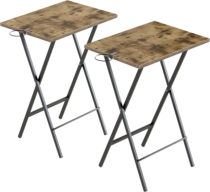 VECELO Folding TV Tray for Eating Set of 2, Portable Dinner/Snack Table with Cup Holder for Couch, Living Room and Small Space, Rustic Brown