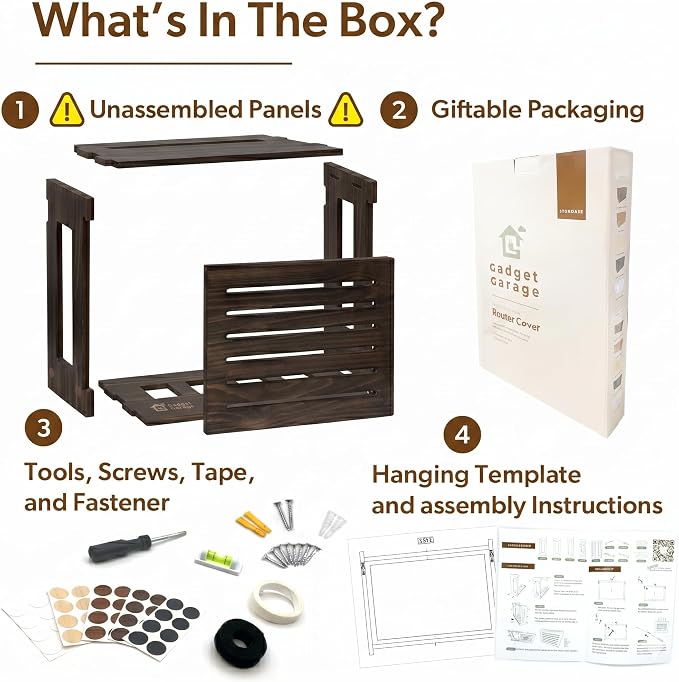 WiFi Router Storage Cabinet Router Box Hider WiFi Box Hider Shelf Cover | Standard • Pine Wood • Espresso Brown Finish • Seamless Side Panel • Fits Routers Up To 11" • Wall Mount Or Desktop Placement