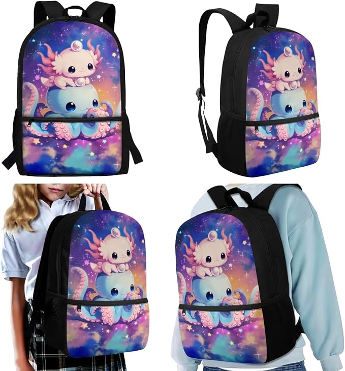 WELLFLYHOM 4 PCS Axolotl School Backpack Set for Girl 6-11, Cute 17 Inch Octopus Backpack with Lunch Box for Kids Back to School, Child Supplies for All Day Use