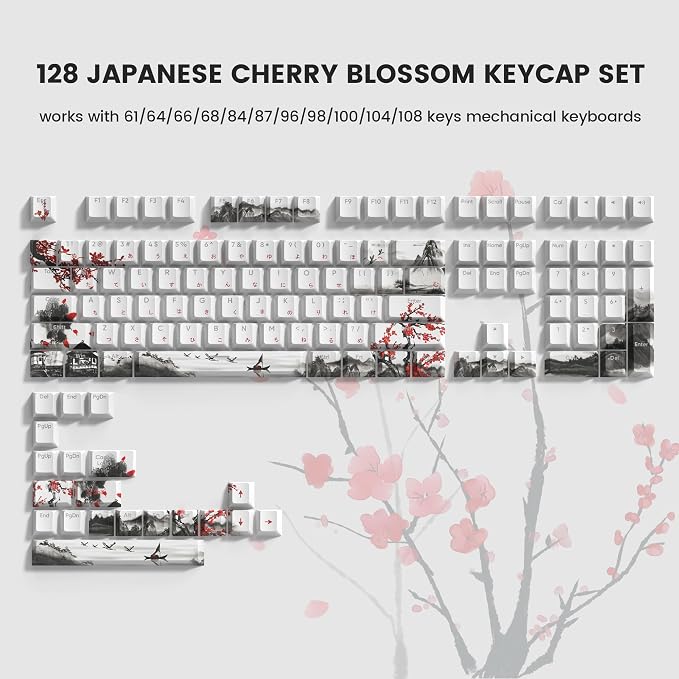Womier PBT Keycaps Set 130 Keys, Custom White Japanese Keyboard Doubleshot Dye Sub Side Print Shine Through Keycaps 60 65 75 100 Percent, Cherry Profile