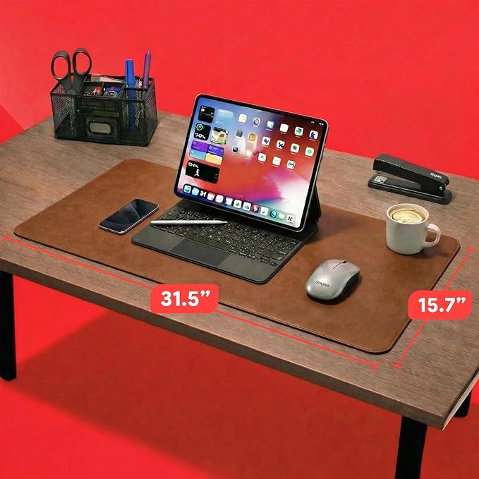 Anti-Slip Faux Leather Desk Pad, 31.5” x 15.7”, Brown, Large Desk Mat for Office & Home Workspace