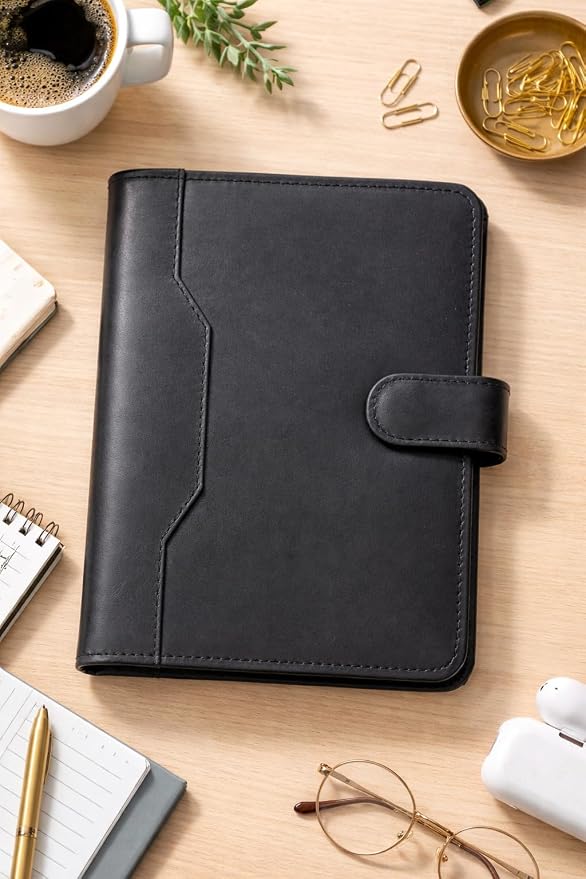Leather Junior Padfolio 5x8, Small Bifold Business Portfolio Folder for Men & Women, Compact Legal Pad Holder with Pen Loop, Card Holder with Document Pocket, Interview Organizer (Black)