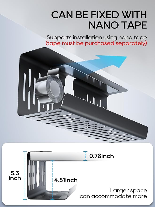NODOCA No Drill Under Desk Cable Management Tray, 14'' Wire Management, Punch-Free Clamp on, Metal Cable Tray, Wire Organizer Under Desk, Under Desk Basket for Office and Home, Black(2 Packs)