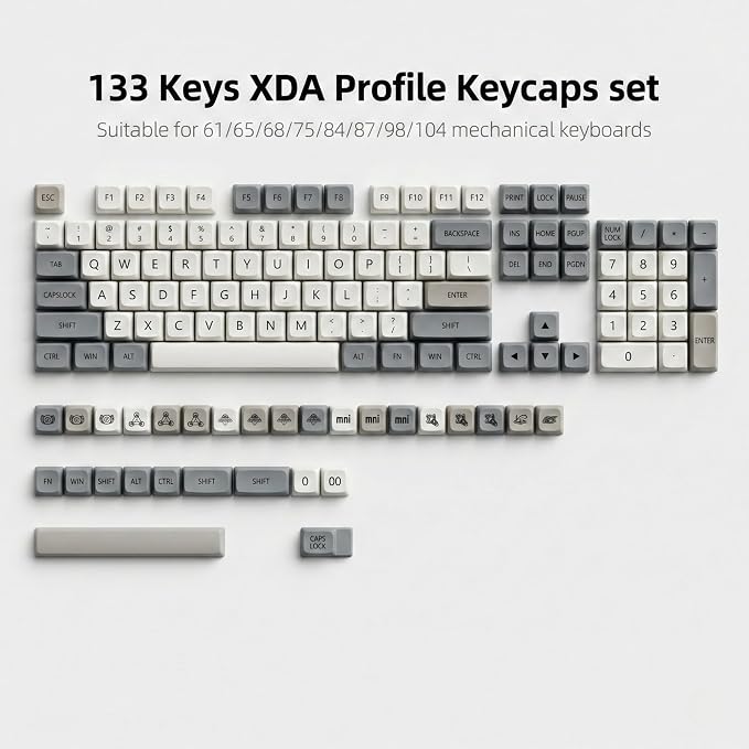 133 Keys PBT Dye Sublimation Keycaps, Retro Grey White Minimalist Keycap Set, XDA Profile Custom Keycaps for Mechanical Keyboard 60% 65% 75% 100% Cherry MX Switches