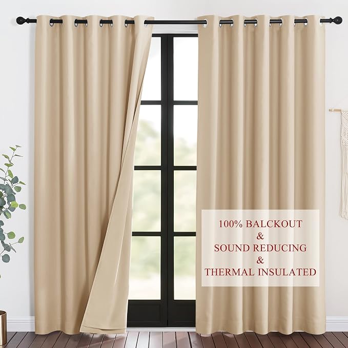 NICETOWN Living Room Noise Reducing Curtains, Privacy Protection & Completely Shaded Ring Top Drapes, Sound Preventing Insulated Window Treatment Curtain Panels(Biscotti Beige, 2 Pieces, W62 x L84)