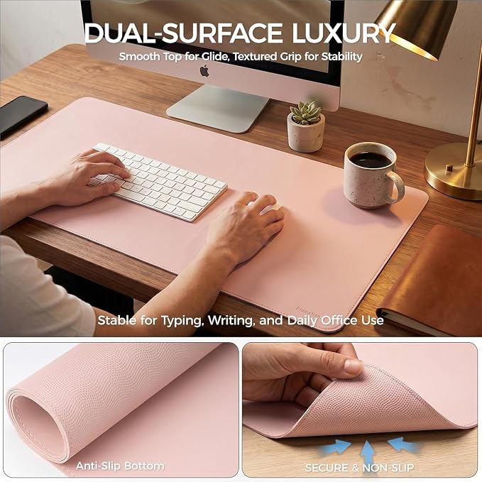 Large Desk Pad Non-Slip Desk Mat Protector for Keyboard Mouse Waterproof Vegan Leather Surface Faux Leather Laptop Mat Smooth Mouse Pad Premium Gift Tube Sakura Pink 55" x 23"