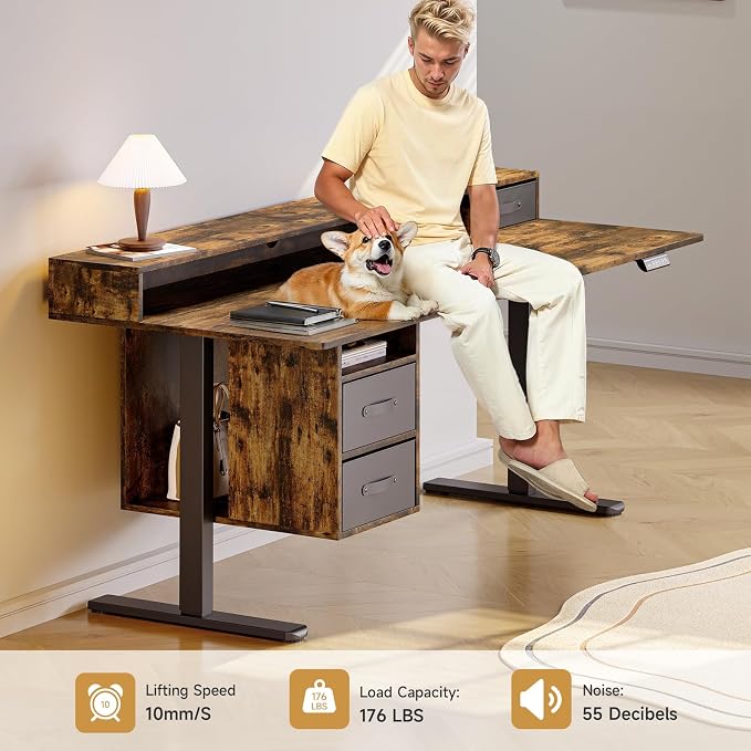 ONBRILL Standing Desk with Drawers, 63x24 Inch Electric Stand Up Desk with 3 Drawers and Open Storage Shelf, Adjustable Height 28-46 Inches for Home and Computer Workstation, Rustic Brown