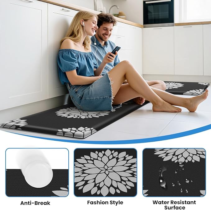 2PCS Kitchen Mats for Floor, Anti Fatigue Non-Slip Water Resistant Black Rug