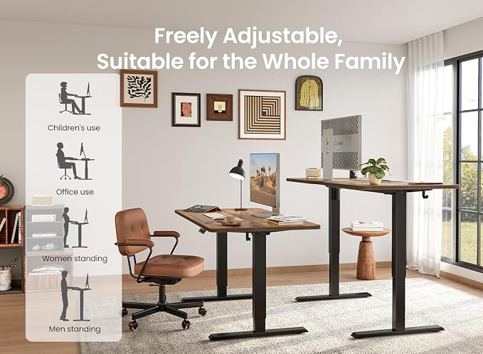 BANTI 55 × 28 Inches Standing Desk, Ergonomic, Electric Height Adjustable, Sit and Stand Up, Computer Desk with a Deeper Desktop, Black Frame/Rustic Brown Top