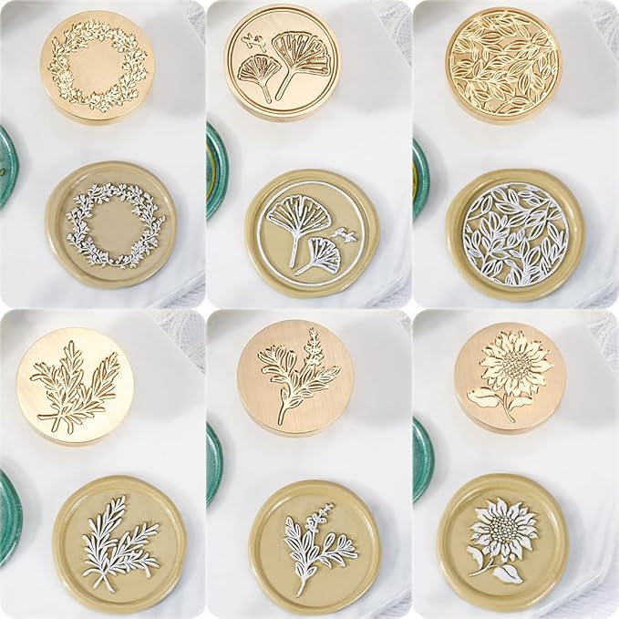 Wax Seal Stamp Set, 6 pcs Brass Head Wax Stamp & 1 Wooden Handle, 6 Botanical Designs (Rosemary, Sunflower, Ginkgo Leaf, Wreath, Leaves, Eucalyptus)