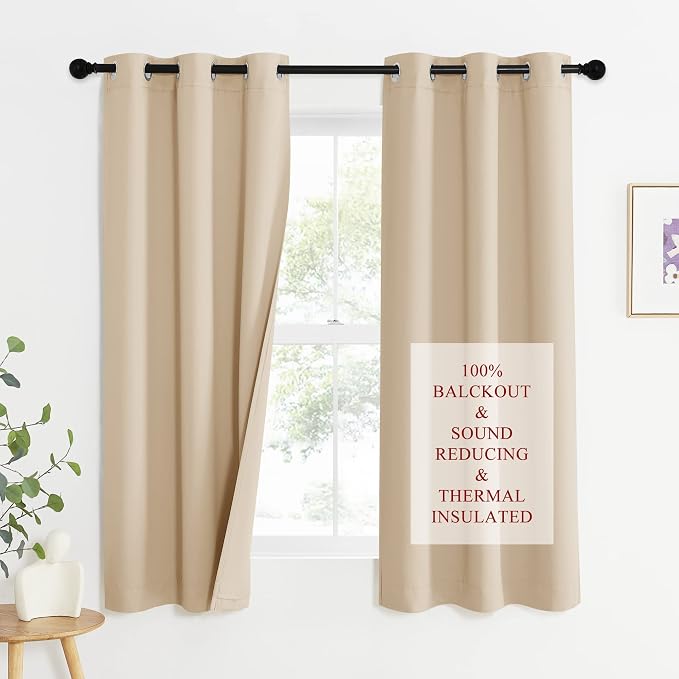 NICETOWN Bedroom Full Blackout Curtain Panels, Super Thick Insulated Window Covers, Complete Blackout Draperies with Noise Absorb Liner for Short Window(Biscotti Beige, Set of 2, 42 by 63-inch)