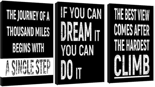 3 Piece Inspirational Wall Art, Black Background Sayings Picture, Quotes Motivational Canvas Prints for Gym Wall Decor, Triptych Entrepreneur Painting Framed Artwork for School Decor (36"Wx24" H)