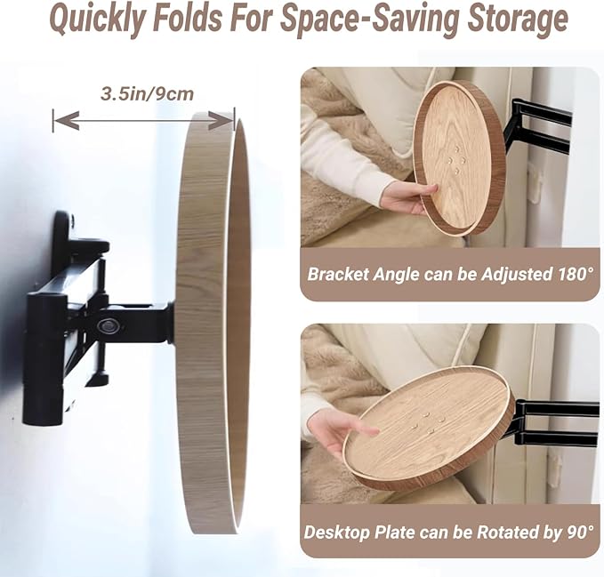 Wall Mounted Folding Table Round Floating Desk for Wall Small Wood Bedside Folding Wall Desk with Retractable Shelf for Bedroom Living Room Study (White Oak, 11.8in(30cm))
