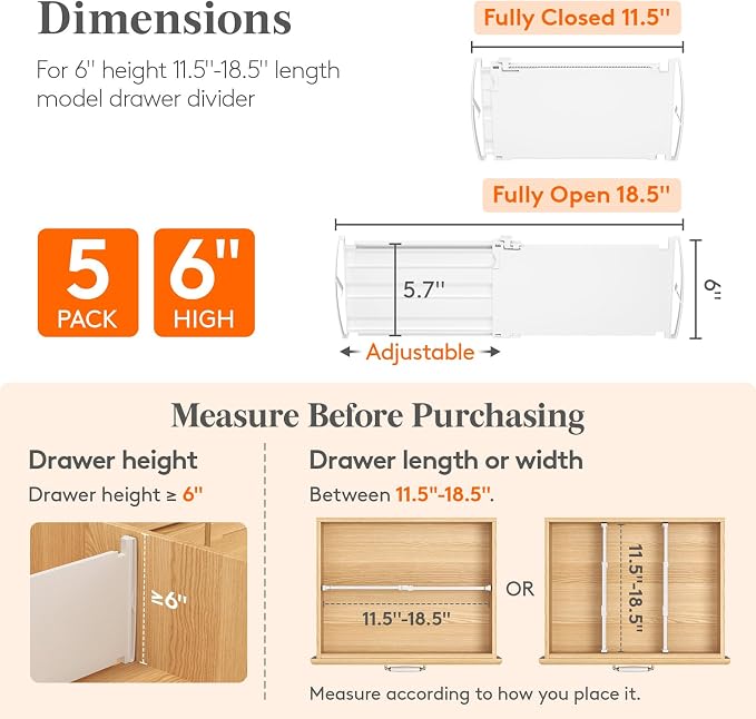 Lifewit 6" Tall 5 Pack Drawer Dividers, 11.5"-18.5" Adjustable Deep Drawer Organizer Clothes, Expandable White Plastic Separators for Dresser, Kitchen, Cabinet, Closet, Office Organization & Storage