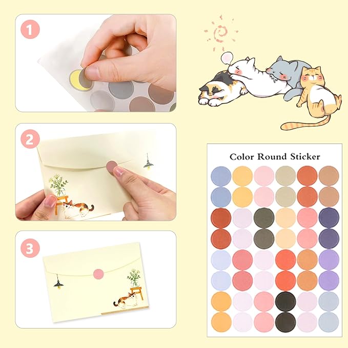 37 Pcs Stationery Paper Envelopes Set Includes 24 Lined Writing Paper & 12 Envelopes with 48 Colorful Round Dot Stickers, Cute Cat Letter Writing Stationery Paper Envelopes Gift (4Style)