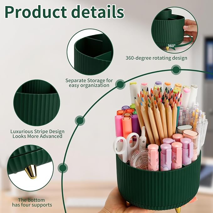 Camelmother 360°Rotating Pen&Pencil Holder For Desk With 5Slots Cute Office