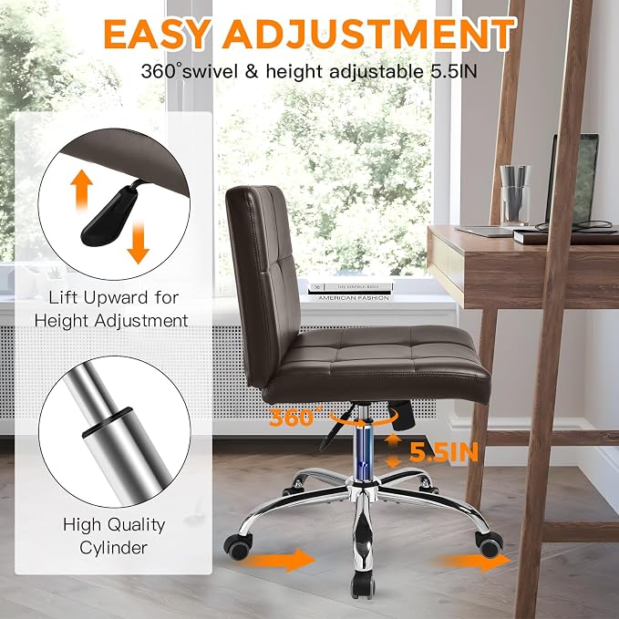 360° Office Desk Chair,PU Adjustable Rolling Task Chair with Backrest for Barber,Office,Home, Computer,360° Swivel,Armless，desk chair without arms，office chair 400+ lb weight capacity(Widened Brown)