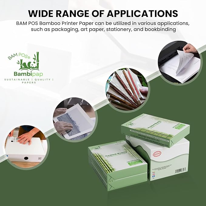 BAM POS Bamboo Printer Paper - 8 1/2” x 11”- 20LB Multipurpose White Paper - Made from Bamboo Fiber, Renewable Resources, Zero Trees Used - 3 reams (1500 Sheets)
