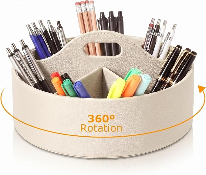 360° Rotating Leather Desk Storage Organizer with 6 Slots and Handle Extra-large Pen Holder Spinning Pencil Storage Lazy Susan Organizer Office Desk Supplies Marker, Art Supply (Beige)