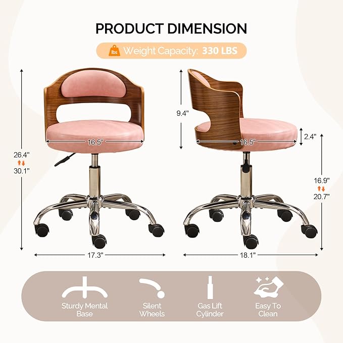 VINGLI Armless Home Office Desk Chair, Adjustable Swivel Chair,Dual-Use with/no Wheels,Small Retro Designed Walnut Curved Task Chair,Cushioned Nail Tech Chair for Study Area,Workspace,PU,Pink