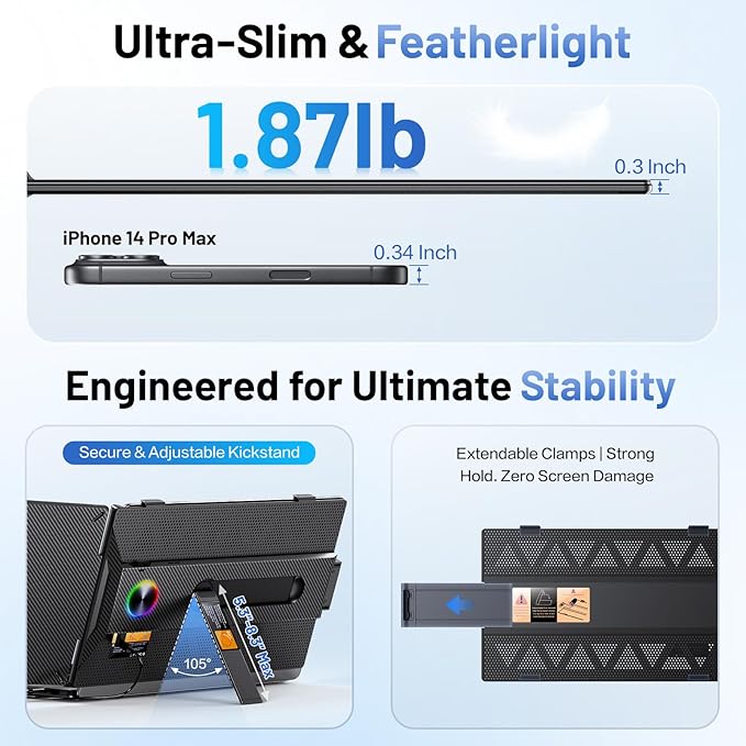 Laptop Screen Extender, 14” FHD 1080P Portable Monitor for Laptop with 100% sRGB, Dual Screen Extender for Laptop 13–17.3”, Plug & Play External Monitor, Business Travel & Home Office