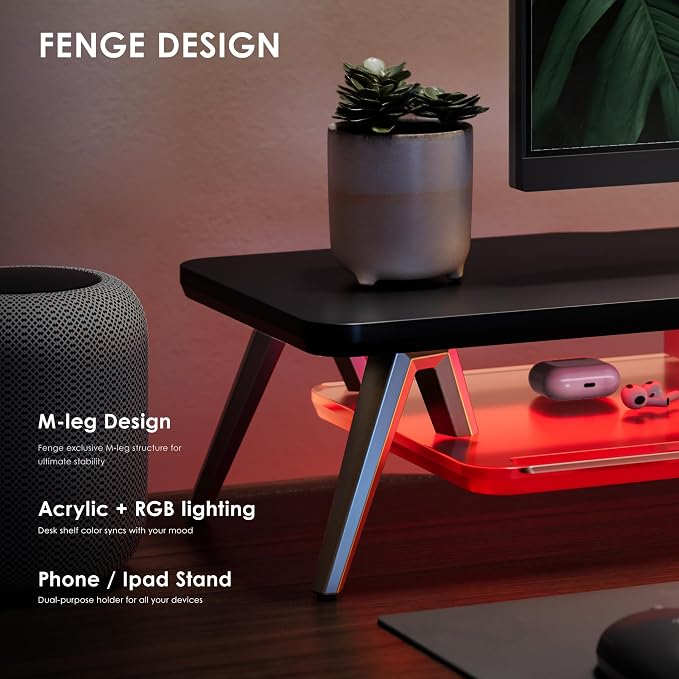 Fenge Dual Monitor Stand with 8-Mode LED Lights and Frosted Shelf, Black | Sturdy Aluminum Legs, Built-In Phone & Tablet Slot, 2-Tier Storage, 42.5-Inch Desk Shelf for Gaming, Home Office & Streaming