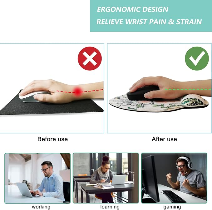 Mouse Pad with Wrist Support, Ergonomic Mouse Pad with Memory Foam Wrist Rest Cushion, Non-Slip Rubber Base Gaming Mice Pad for Home Office Computer Laptop, Flower White