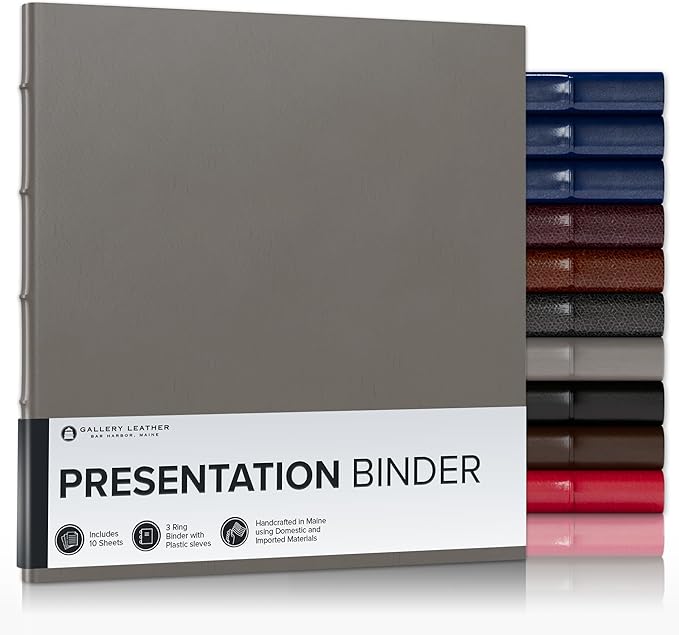 Gallery Leather 3 Ring Binder with Plastic Sleeves, Includes 10 Sheets, Sheet Size: 8.5" x 11" - Presentation Binder Rings with Hubbed Spine, Thick: 0.75" Freeport Slate