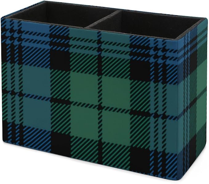 Green Blue Tartan PU Leather Pen Holder Desk Organizer, 2-Compartment Pencil Container for Office, Home, Vanity Use
