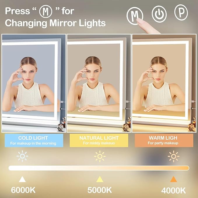 Gvnkvn Makeup Vanity Mirror with Lights 32" x 24" Large LED Makeup Mirror, Light up Mirror with 10X Magnification and USB Charging Port, with Dimmable 3 Modes, Touch Screen Control Round White