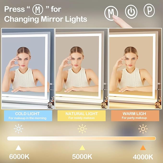 Gvnkvn Makeup Vanity Mirror with Lights 20" L x 26" W Large LED Makeup Mirror, Light up Mirror with 10X Magnification and USB Charging Port, Dimmable 3 Modes, Touch Screen Control Square Gold