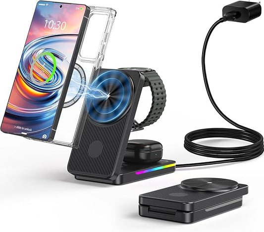 Wireless Charger for Samsung, 3 in 1 Charging Station for Samsung - Magnetic Android Charging Station for Galaxy S26 Ultra, Z Fold/Flip & Buds4 Pro - Nightstand Organizer & Bedside Charger for Travel