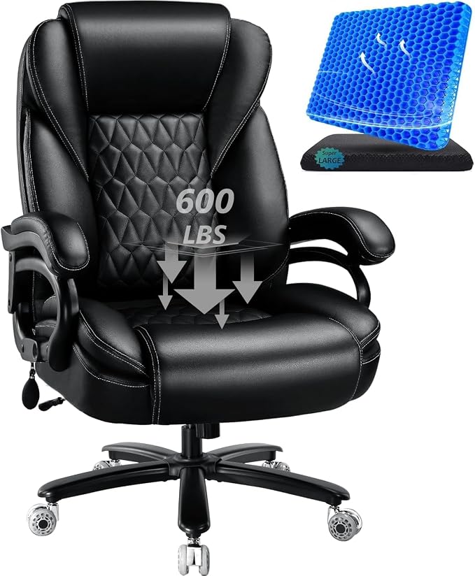 600lbs Big and Tall Office Chair with Pocket Spring Cushion, Heavy Duty Office Chair for Low Back Pain Relief, Large Executive Office Chair (Classic, Black with Gel Seat Cushion)
