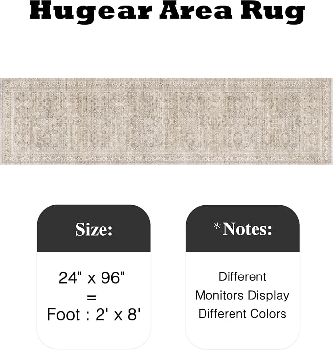 HUGEAR 2x8 Runner Rug Hallway Vintage Beige Machine Washable Retro Floral Low Pile Carpet Vacuumable Distressed Long Throw Rug Bedroom Office Bathroom Kitchen Laundry Non Slip Soft Lightweight